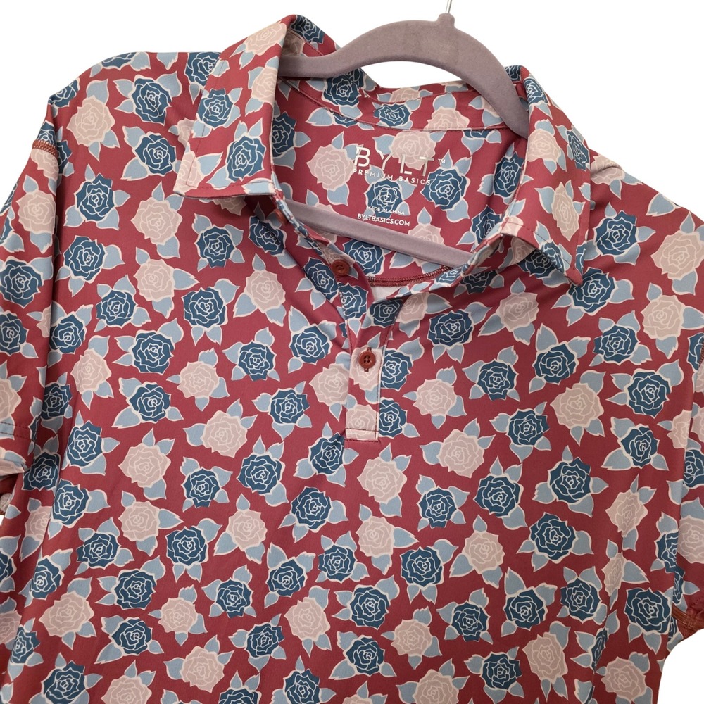 BYLT Premium Basics Mens Large Floral Rose Print Performance Polo Shirt Red Blue
